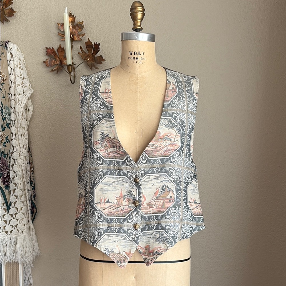 Vintage Embroidered Tapestry Vest with Brass Buttons XL